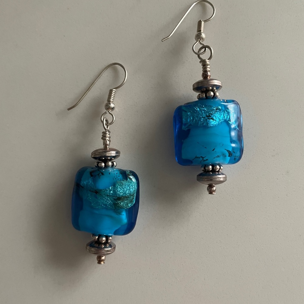 Turquoise Blue Cube Earrings with Silver Accents